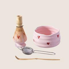 Pink Heart Matcha Set – 5-Piece Ceramic & Bamboo Tea Kit