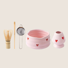 Pink Heart Matcha Set – 5-Piece Ceramic & Bamboo Tea Kit